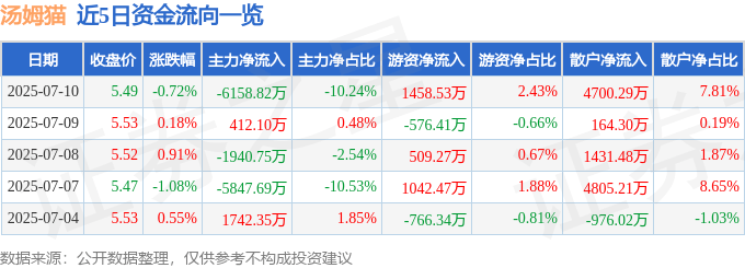 股票行情快报：汤姆猫（300459）7月10日主力资金净卖出6158.82万元