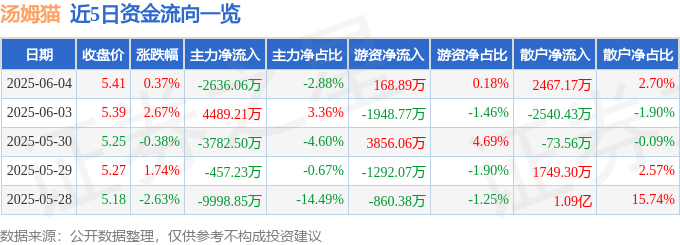 股票行情快报：汤姆猫（300459）6月4日主力资金净卖出2636.06万元