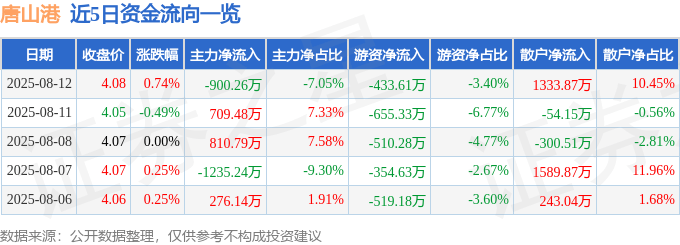 股票行情快报：唐山港（601000）8月12日主力资金净卖出900.26万元