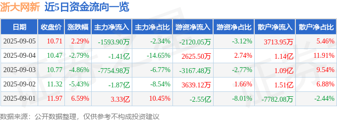 股票行情快报：浙大网新（600797）9月5日主力资金净卖出1593.90万元