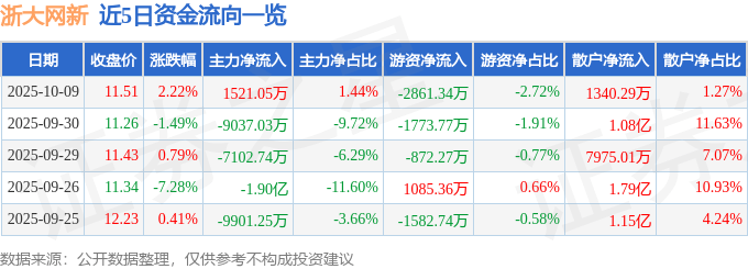 股票行情快报：浙大网新（600797）10月9日主力资金净买入1521.05万元