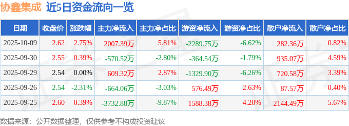 股票行情快报：协鑫集成（002506）10月9日主力资金净买入2007.39万元