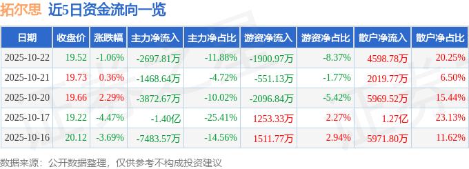 股票行情快报:拓尔思(300229)10月22日主力资金净卖出2697.81万元