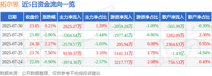 股票行情快报:拓尔思(300229)7月30日主力资金净买入2625.27万元