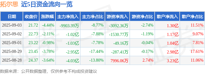 股票行情快报：拓尔思（300229）9月3日主力资金净卖出9903.39万元