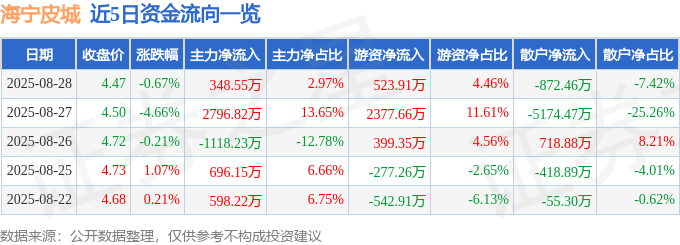 股票行情快报：海宁皮城（002344）8月28日主力资金净买入348.55万元