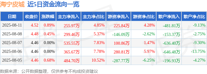 股票行情快报：海宁皮城（002344）8月11日主力资金净买入255.97万元