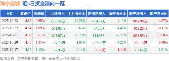 股票行情快报：海宁皮城（002344）10月23日主力资金净卖出758.56万元