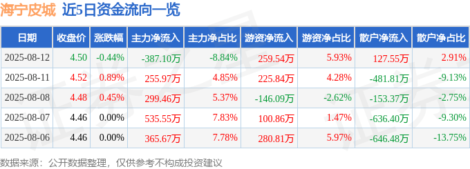 股票行情快报：海宁皮城（002344）8月12日主力资金净卖出387.10万元