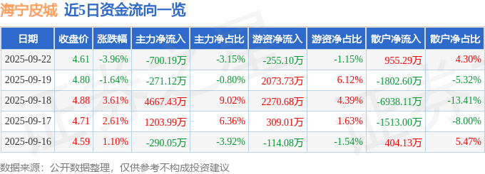 海宁皮城（002344）9月22日主力资金净卖出700.19万元
