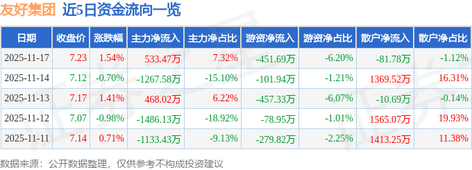 股票行情快报：友好集团（600778）11月17日主力资金净买入533.47万元