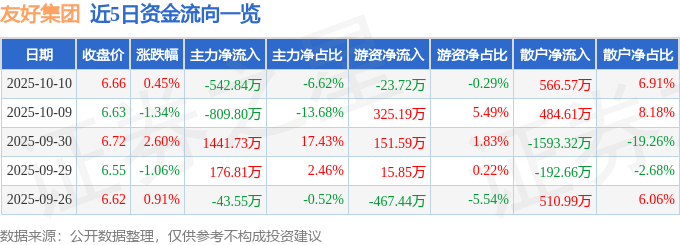 股票行情快报：友好集团（600778）10月10日主力资金净卖出542.84万元