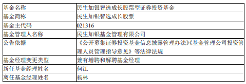 民生加银智选成长股票增聘何江 杨林离任
