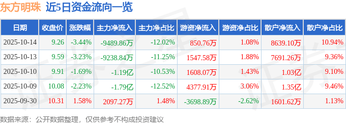 股票行情快报：东方明珠（600637）10月14日主力资金净卖出9489.86万元