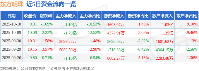 股票行情快报：东方明珠（600637）10月10日主力资金净卖出1.19亿元